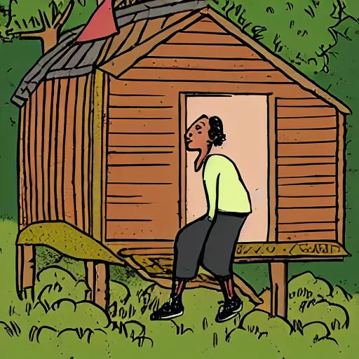 Image similar to a woman riding inside a hut on chicken legs, in the style of Anders Nilsen