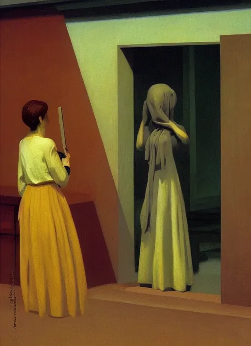 Image similar to woman with a paper bag over the head and a sward melted with social media phone Edward Hopper and James Gilleard, Zdzislaw Beksinski, Steven Outram highly detailed