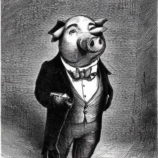 Prompt: pig in a tuxedo, illustration by Gustave Doré