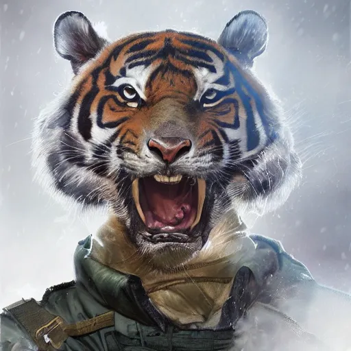 Image similar to a aesthetic award winning commission portrait of a fit anthro tiger wearing military uniform,digital art,art by greg rutkowski,art germ,charles bowater,trevor henderson,detailed beautfiul face,photorealistoc,hyperdetailed,dramatic,artstation,deviantart,professional lighting