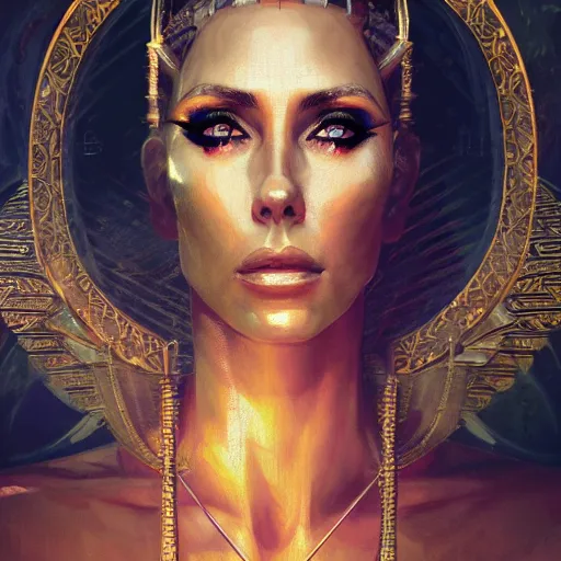 Prompt: closeup portrait of nicole aniston as cleopatra, palace background, dramatic light, gorgeous view, depth, high detail, digital art, painted by greg rutkowski and seb mckinnon, neuromancer, trending on artstation