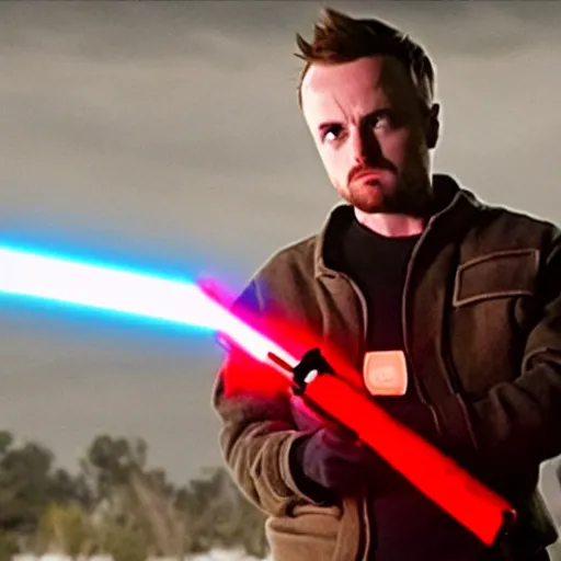 Prompt: A movie still of Jesse Pinkman holding a red lightsaber