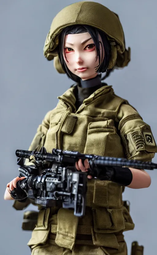 Image similar to portrait of the action figure of a female soldier, highly detailed, high resolution, toy, good smile company anime style, japanese collection product, stunning, girls frontline style, bokeh soft, 100mm, trending on instagram, by professional photographer, realistic human anatomy, realistic military carrier, modern warfare, realistic weapon, shot with a arriflex 35 ii, low saturation, small eyes, desert in background