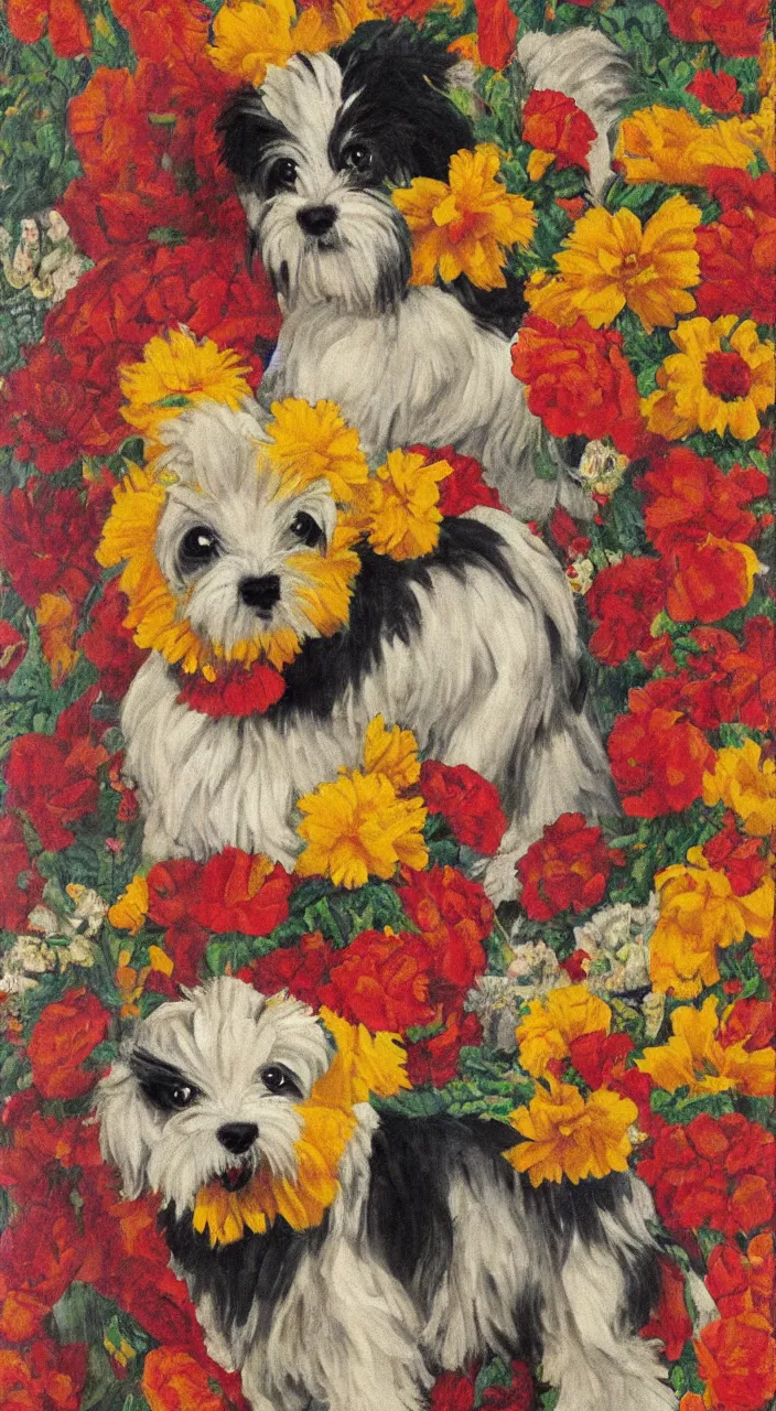 Image similar to portrait of a cream colored havanese dog dressed as an aztec, with a bouquet of marigolds, mexico, painting by diego rivera realism aztec modernism 1 9 3 5