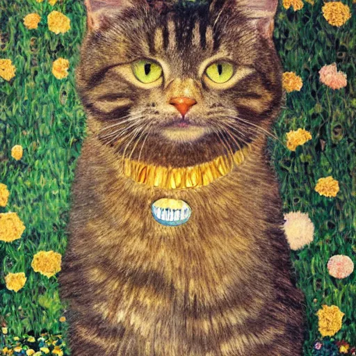 Image similar to portrait of a very fluffy dark tabby cat with green eyes eating cat food, happy cat, canned food, moonlight, full body, smiling cat, golden colors, flowers, intricate, elegant, highly detailed, smooth, sharp focus, illustration, art by gustav klimt