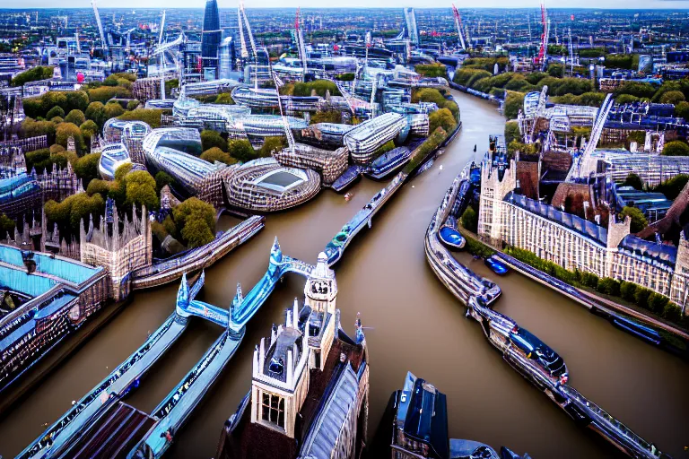 Prompt: an aerial view of a london city with a river running through it, a tilt shift photo by christopher wren, featured on cg society, new objectivity, uhd image, tilt shift, high dynamic range