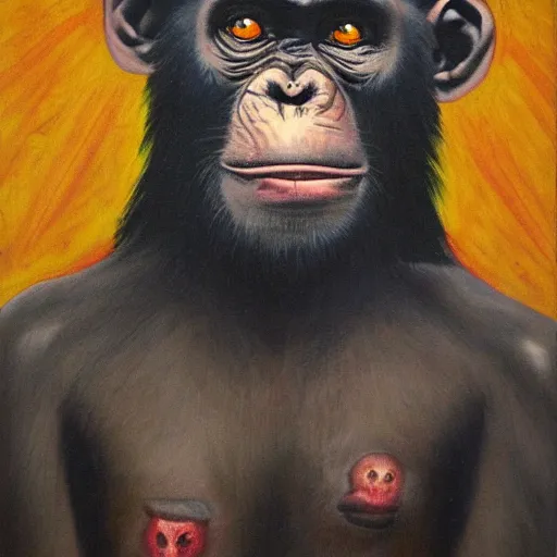 Image similar to portre of an autistic demonic chimpanzee on acid, masonic and kabalistic symbols in background, oil painting