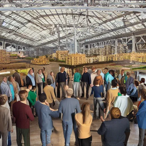 Prompt: large group people in open warehouse, looking at hologram of futuristic city on a table, cinematic concept art, godrays, golden hour, natural sunlight, 4 k, clear details, tabletop model buildings, tabletop model, hologram center table, crane shot, crane shot, crane shot, vr users foreground