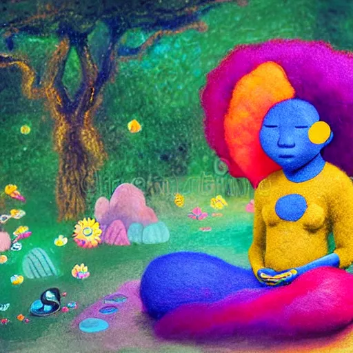 Prompt: a black girl with a colorful afro and big colorful eyes meditating in an african zen garden at sunset, bright colours, bokeh!!, watercolor, volumetric wool felting, macro photography, children illustration, by goro fujita