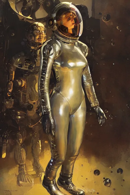 Image similar to pulp scifi fantasy illustration full body portrait of elegant woman wearing latex spacesuit, by norman rockwell, jack kirby, bergey, craig mullins, ruan jia, jeremy mann, tom lovell, 5 0 s, astounding stories, fantasy