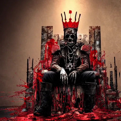 Image similar to the king of death, sitting on throne, blood splatters, shadows, hyperrealistic, dead bodies in the background, high resolution, 8 k