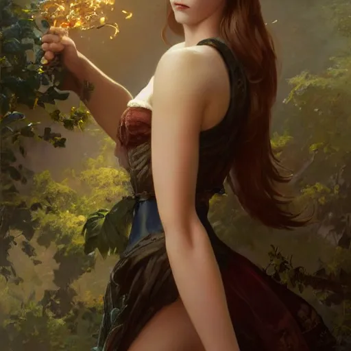 Image similar to Emma Watson of NGE dark fantasy, medium shot, intricate, elegant, highly detailed, digital painting, volumetric light, artstation, concept art, smooth, sharp focus, illustration, art by Gil Elvgren and Greg Rutkowski and Alphonse Mucha, 8K