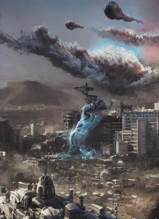 Image similar to hyper realistic squid robot attacking cape town city, table mountain explosions, atmospheric beautiful details, strong composition drawn in ink by kim jung giu weta studio rutkowski, james gurney and greg rutkowski, and lucasfilm