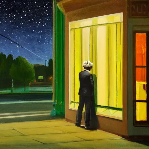 Image similar to a painting of a lonely man with a skull as his head waiting for the bus at night, green dramatic and cinematic light from the streetlight, the sky is full of stars, in the style of edward hopper, 4 k,