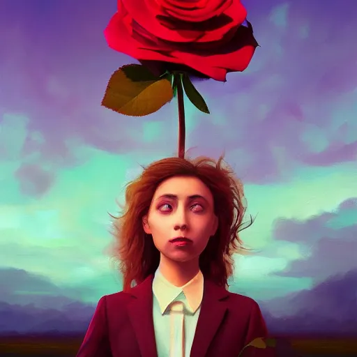 Prompt: closeup, giant rose flower face, frontal, girl in a suit, surreal photography, sunrise, blue sky, dramatic light, impressionist painting, digital painting, artstation, simon stalenhag