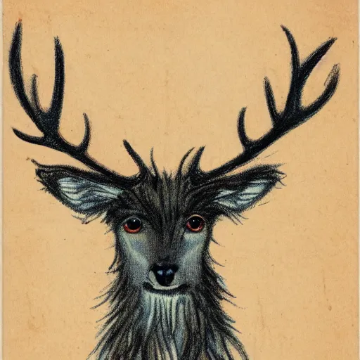Image similar to professional vintage, detailed, colored sketch of a fuzzy creature with antlers, full descriptions, on parchment, 8K, HD