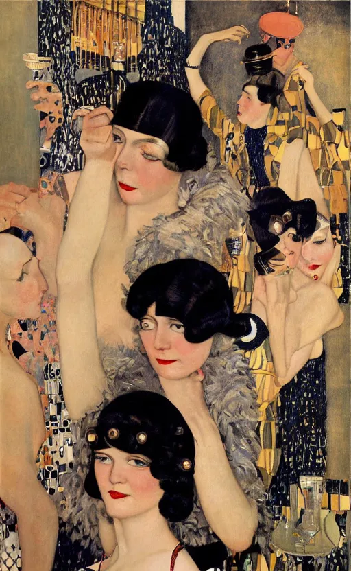 Prompt: an oil painting of jazz age high society life, 1920s style, smooth, highly detailed, high contrast, by Klimt, Coles Phillips, Dean Cornwell, JC Leyendecker, 8K