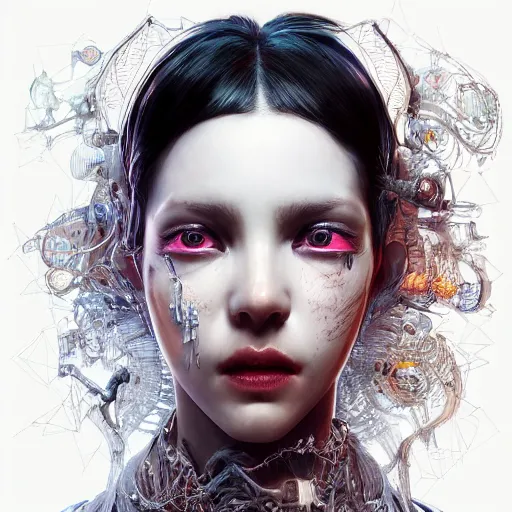 Image similar to the portrait of an absurdly beautiful, graceful, elegant, sophisticated, fashionable cyberpunk gravure idol, an ultrafine hyperdetailed illustration by kim jung gi, irakli nadar, vania zouravliov, intricate linework, bright colors, porcelain skin, unreal engine 5 highly rendered, global illumination, radiant light, detailed and intricate environment