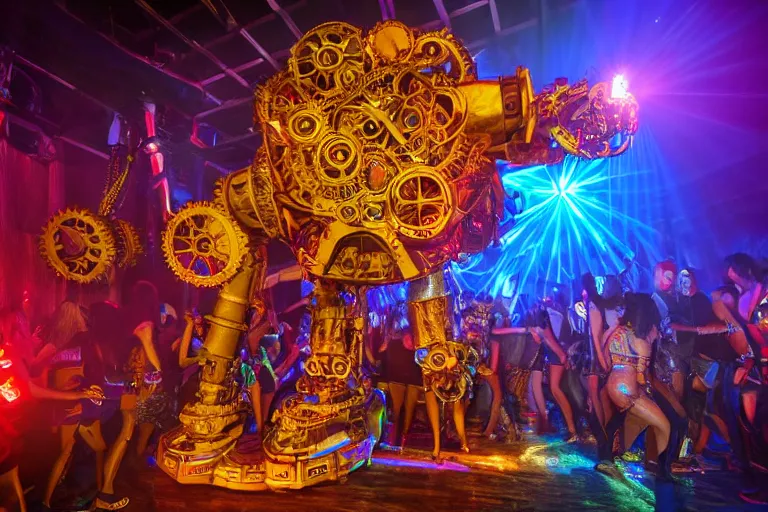 Image similar to scene is la troya party in amnesia in ibiza, portrait photo of a giant huge golden and blue metal steampunk robot, with gears and tubes, eyes are glowing red lightbulbs, shiny crisp finish, 3 d render, 8 k, insaneley detailed, fluorescent colors, haluzinogetic, background is multicolored lasershow