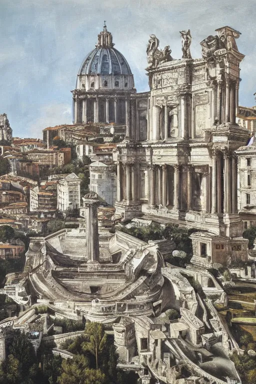 Prompt: Rome city, oil on canvas, extremely detailed, artstation, by HR giger and Caravaggio