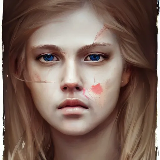 Prompt: portrait of a blonde girl with a scar crossing her face, painted by wlop, extremely detailed, 8 k, golden ratio