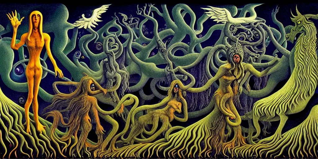 Image similar to mythical creatures and monsters in the imaginal realm of the collective unconscious, in a dark surreal painting by johfra, mc escher and ronny khalil