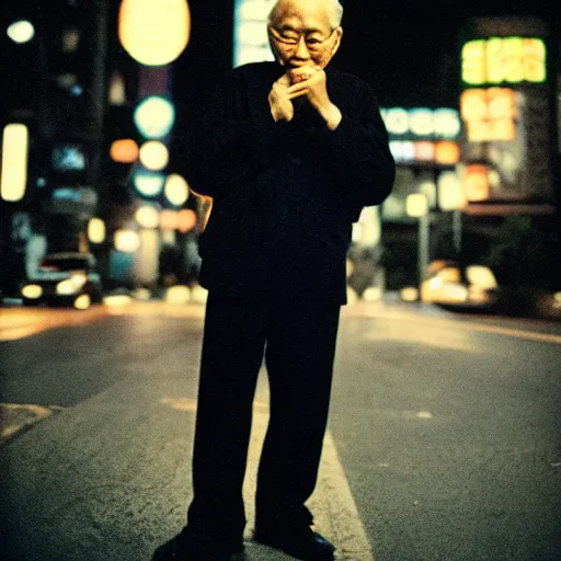 Image similar to portrait, old man in tokyo at night, wearing gold chain, gold rings, cinestill 8 0 0,