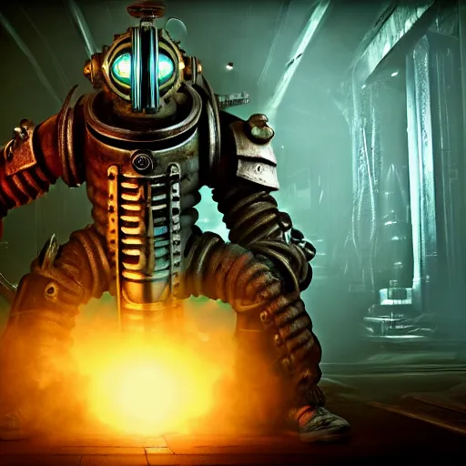 Image similar to isaac clarke as a bioshock big daddy, unreal engine 5, bioshock deadspace, high detail 3 d render,