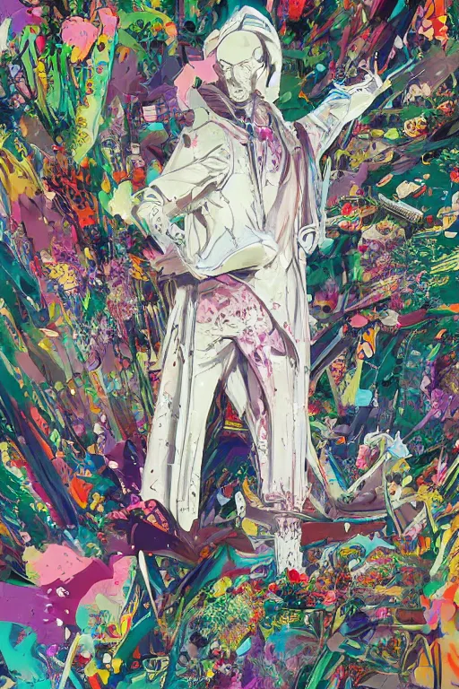 Prompt: wealthy male half necromancer, made of white gucci fabric, otherwordly forest, pixiv fanbox, dramatic lighting, maximalist pastel color palette, splatter paint, pixar and disney exploded - view drawing, graphic novel by fiona staples and dustin nguyen, peter elson, alan bean, clean cel shaded vector art, trending on artstation