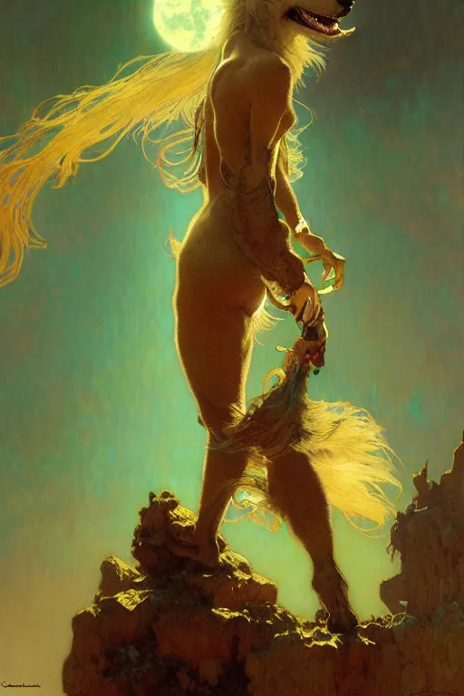 Prompt: pearlescent turquoise moon, wolf monster, character design, painting by gaston bussiere, craig mullins, greg rutkowski, alphonse mucha, trending on artstation