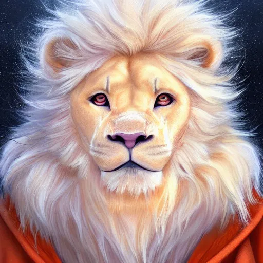 Prompt: aesthetic portrait commission of a albino male furry anthro lion wearing a cute orange colored cozy soft pastel winter outfit, detailed face , hyperdetailed, autumn atmosphere. Character design by charlie bowater, ross tran, artgerm, and makoto shinkai, detailed, inked, western comic book art, 2021 award winning painting