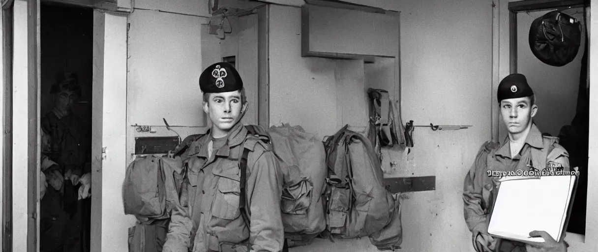 Prompt: a high quality color extreme creepy atmospheric wide dutch angle hd 4 k film 3 5 mm color photograph of a young inexperienced caucasian military man standing in a doorway of a military breakroom in with a clipboard he looks young and experienced in 1 9 8 2