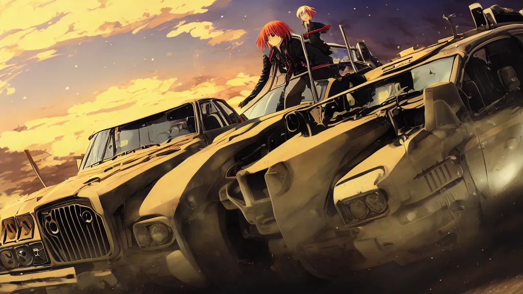 Image similar to anime illustration of mad max's fj 4 0 pursuit special, the last v 8 interceptor driving down to the gates of valhalla highway, riding fury road eternal shiny and chrome, world of fire and blood, by makoto shinkai, ilya kuvshinov, lois van baarle, rossdraws, basquiat, global illumination ray tracing hdr