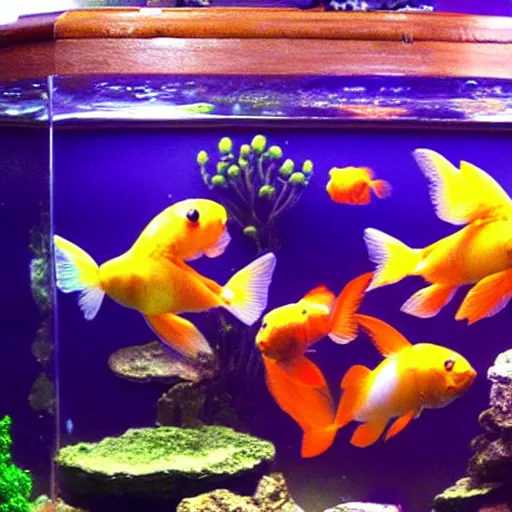 Image similar to hexagonal goldfish in an aquarium, ghibli style