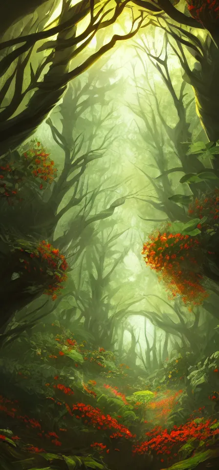 Prompt: smooth flowering underground forest. gouache painting by the award - winning concept artist, bloom, chiaroscuro, backlighting, depth of field.