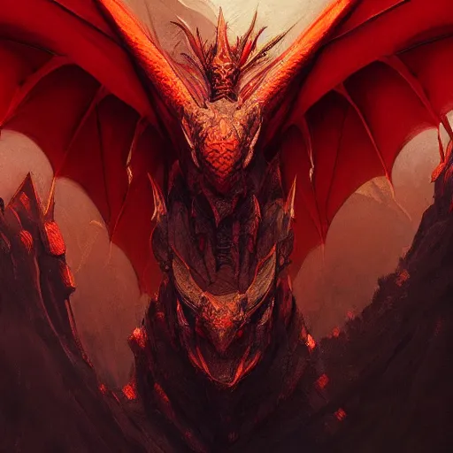 Image similar to red dragon close up by greg rutkowski, drark, marvel comics, dark, plutus su and chris scalf and lucas graciano and billy christian, symmetrical, mountains, red and gold color palette, painting, d & d, fantasy, detailed, realistic, complimentary colors, light, artstation, cinematic, dramatic lighting, close up, storm clouds, hudson river school