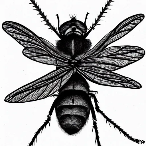 Prompt: house fly, black and white, botanical illustration, black ink on white paper, bold lines