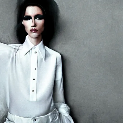 Image similar to kitsch fashion, androgynous people in white clothes, new age, vogue