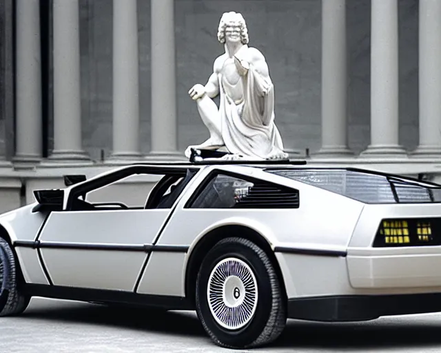 Image similar to marble statue of delorean in louvre, circa 1 9 8 4