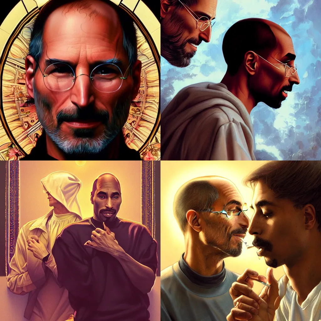 Prompt: Portrait of steve jobs and tupac smoking pot in heaven, fantasy, intricate, elegant, highly detailed, digital painting, artstation, concept art, smooth, sharp focus, illustration, art by artgerm and greg rutkowski and alphonse mucha
