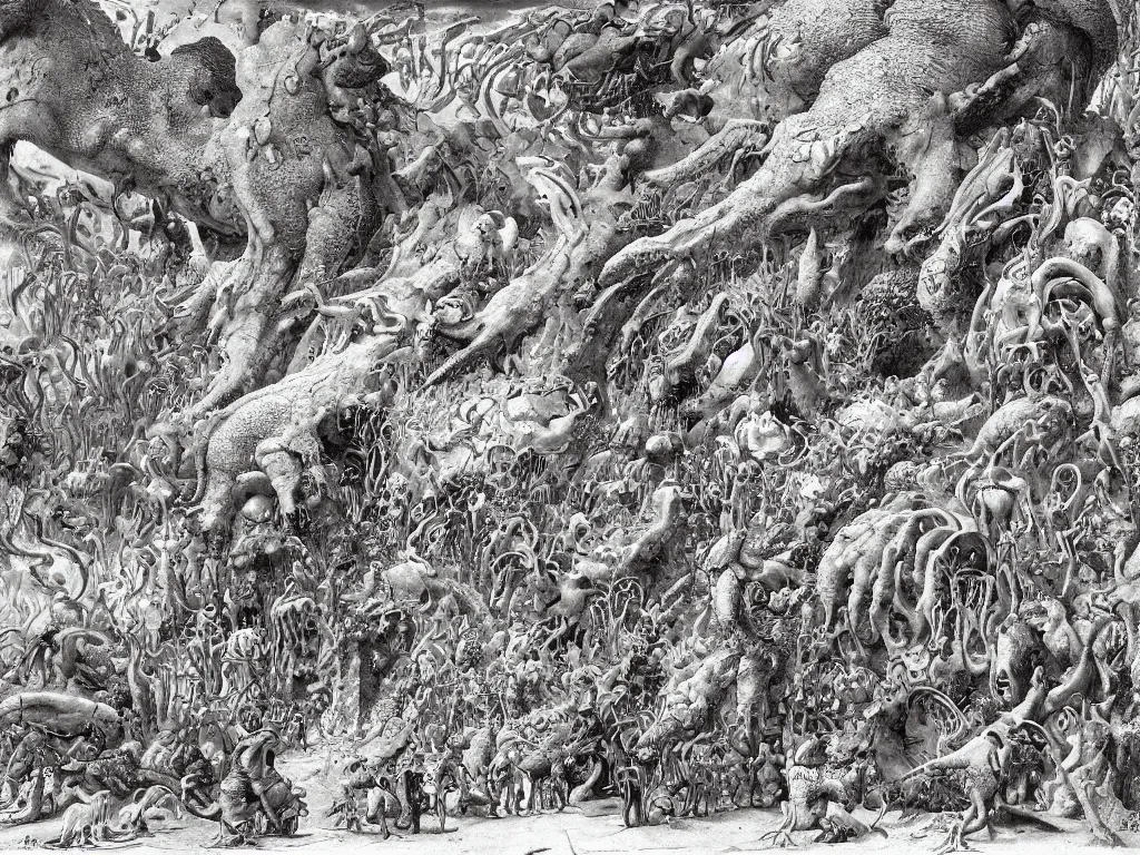Prompt: Crowd gathered around a giant, oversized, giant, ferocious Springtail. The world of Nausicaa of the Valley of Wind. Painting by Ernst Haeckel, Moebius, Caspar David Friedrich, Roger Dean