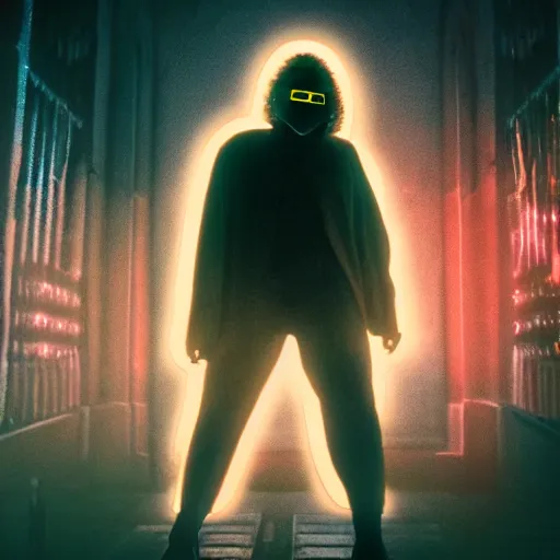 Image similar to electric warrior monks, robed, cyberpunk cathedral, special effects, neon, cyberpunk, realistic, cinematic style, visually stunning, 35mm, film post process