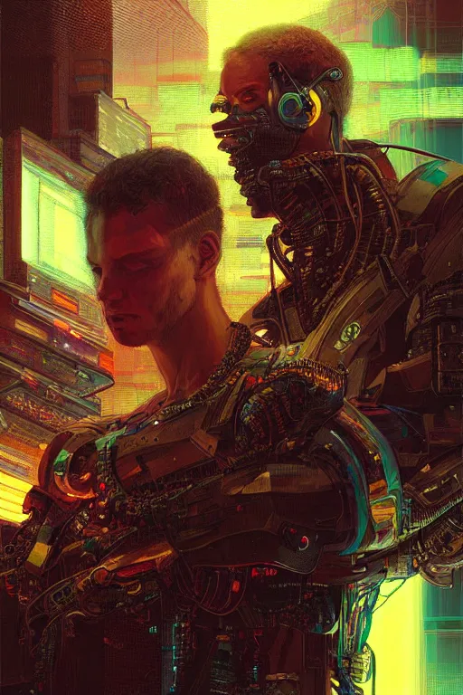 Image similar to A portrait of the Techgnosis author Erik Davis as a cyberpunk, iridescent highlights, background of digital greebles, highly detailed, intricate, soft, sci-fi, sharp focus, glowing lines, art by Ruan Jia and Moebius