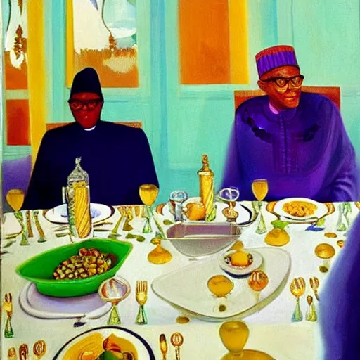 Image similar to president muhammadu buhari sitted at a lavish banquet with shiny trays and dishes with food minimalist solid background the great feast regal ornamental, iridescent in the style of edward hooper and henri matisse oil painting