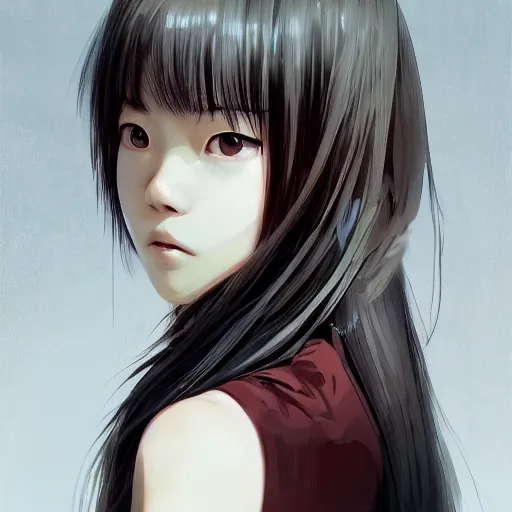 Image similar to portrait of a korean schoolgirl with long hair and bangs, angular features, an angry expression, dramatic lighting, anime illustration by Greg rutkowski, yoji shinkawa, 4k, digital art, concept art, trending on artstation, アニメ, featured on pixiv