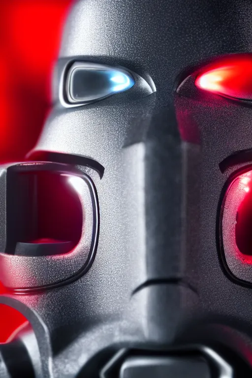 Prompt: closeup shot of a carbon black cyborg, macro shot, dof, cinematic, volumetric lighting, studio shot, red light, 4 k