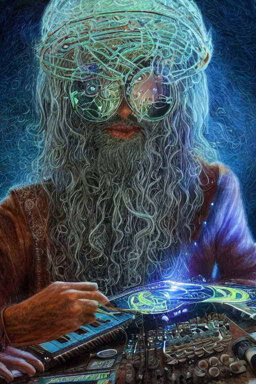 Image similar to portrait of a druid playing an electronic!!-musical-instruments, intricate, stunning, highly detailed, digital painting, artstation, concept art, smooth, sharp, focus, illustration, michael whelan, inside an a space station recording studio filled with strange surrealist detailed alien electronic and acoustic musical-instruments!! with blinking LEDs and oscilloscopes on screens in detailed alien interiors, backlit fog, designed by Larry Elmore Kerlaft and Pixar, photorealistic, 3d render, award winning render, unreal engine, octane render, studio lighting, 8k, hd