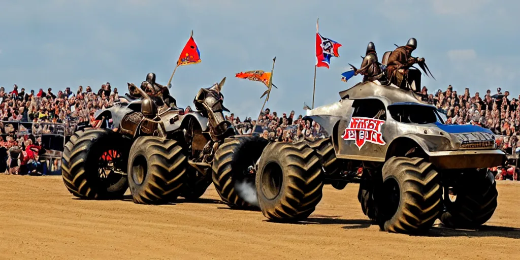 Image similar to medieval cavalry at a monster truck rally