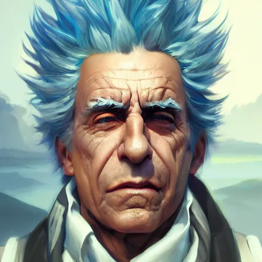 Image similar to rick sanchez closeup portrait, dramatic light, lake background, 2 0 0 mm focal length, painted by stanley lau, painted by greg rutkowski, painted by stanley artgerm, digital art, trending on artstation