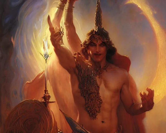 Image similar to attractive male deity, casting demonic magic, summoning handsome lucifer morning star. highly detailed painting by gaston bussiere, craig mullins, j. c. leyendecker 8 k